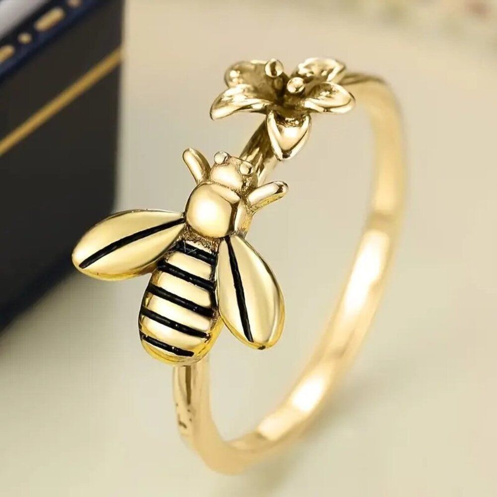Copper Plated Bee and Flower Ring for Women Size 7
